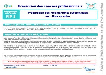 Préparation des médicaments cytotoxiques en milieu de soins - Cramif