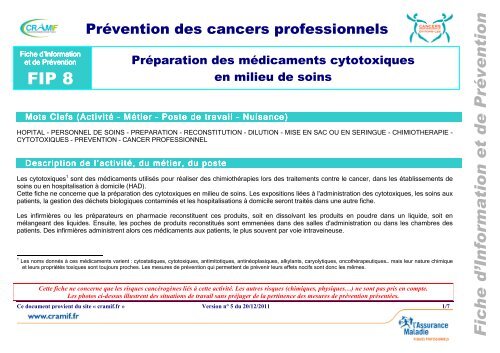 Préparation des médicaments cytotoxiques en milieu de soins - Cramif