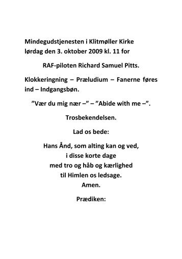 Mindegudstjeneste den 3. oktober 2009 - Allierede flyvere 1939-45 DK