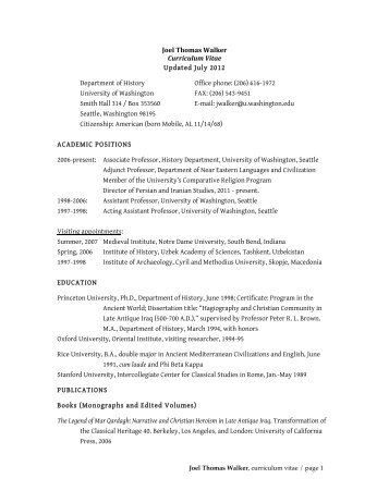 Joel Thomas Walker Curriculum Vitae Updated July 2012 ...