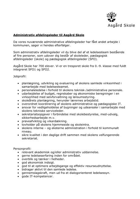 administrativ leder stillingsopslag - Asgård Skole