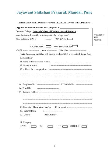Admission Form for M.E - JSPM
