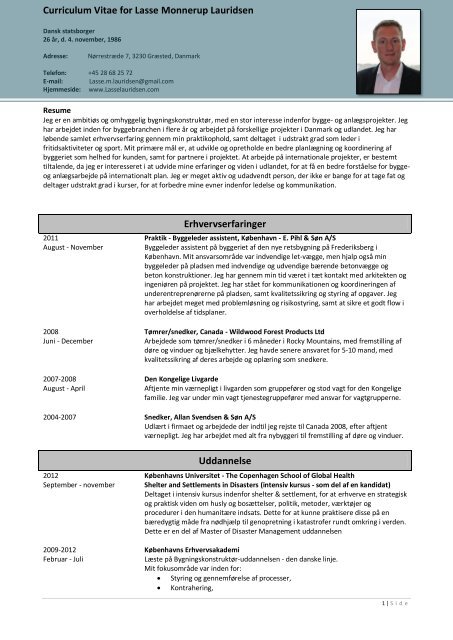 Erhvervserfaringer Uddannelse Curriculum Vitae for Lasse ...