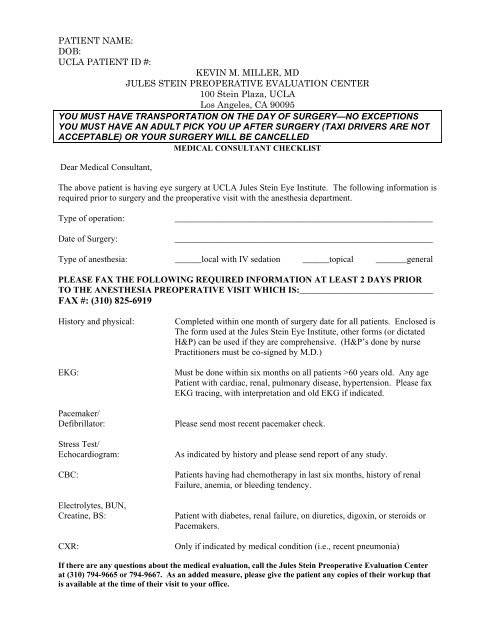 History and Physical Examination Form - Jules Stein Eye Institute