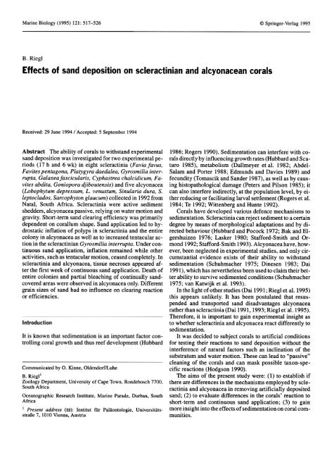 Effects of sand deposition on scleractinian and alcyonacean corals
