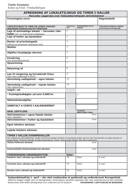 afregning af lokaletilskud og timer i haller - Tønder Kommune