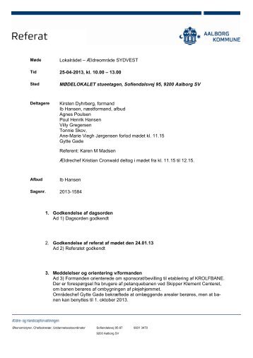 Lokalrådet – Ældreområde SYDVEST 25-04-2013, kl. 10.00 – 13.00 ...