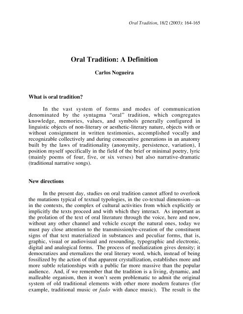 Oral Tradition: A Definition - Oral Tradition Journal