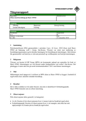 Rapport etter tilsyn med beredskap på Skarv FPSO (pdf)