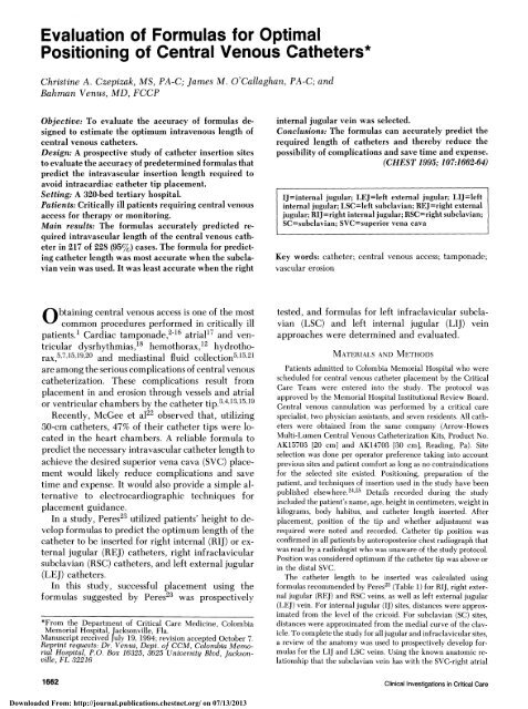 Positioning of Central Venous Catheters* - Chest