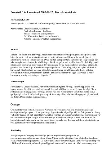 Protokoll från kursnämnd 2007-02-27 i Bioreaktionsteknik