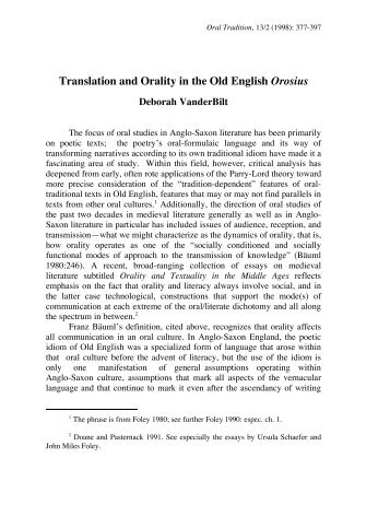 Translation and Orality in the Old English Orosius - Oral Tradition ...