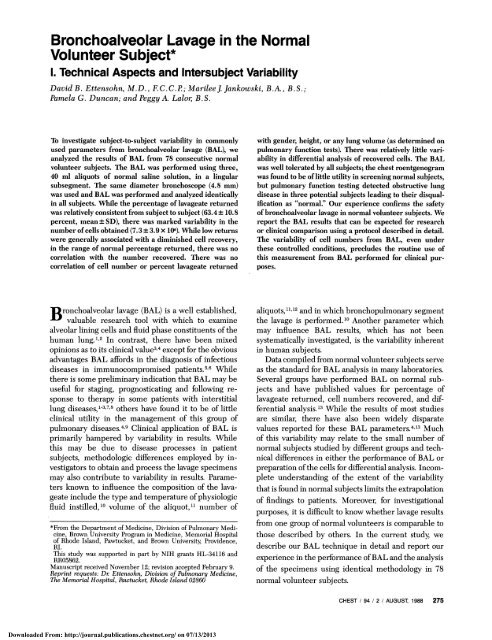 Bronchoalveolar Lavage in the Normal Volunteer Subject* - Chest