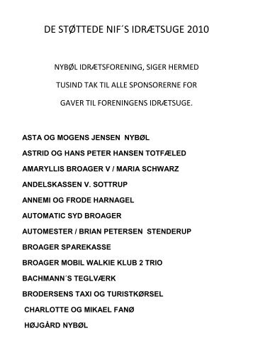 DE STØTTEDE NIF´S IDRÆTSUGE 2010 - Nybøl-Stenderup Lokalråd