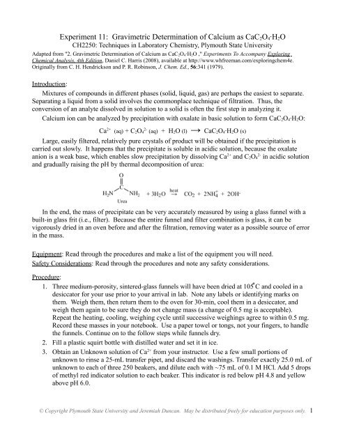 Experiment 11 Gravimetric Determination Of Calcium As Cac2o4 H2o