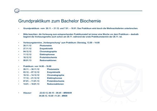 Informationsveranstaltung zum 3. Semester Bachelor Biochemie