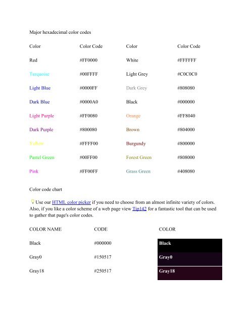 Major hexadecimal color codes Color Color Code Color Color Code ...