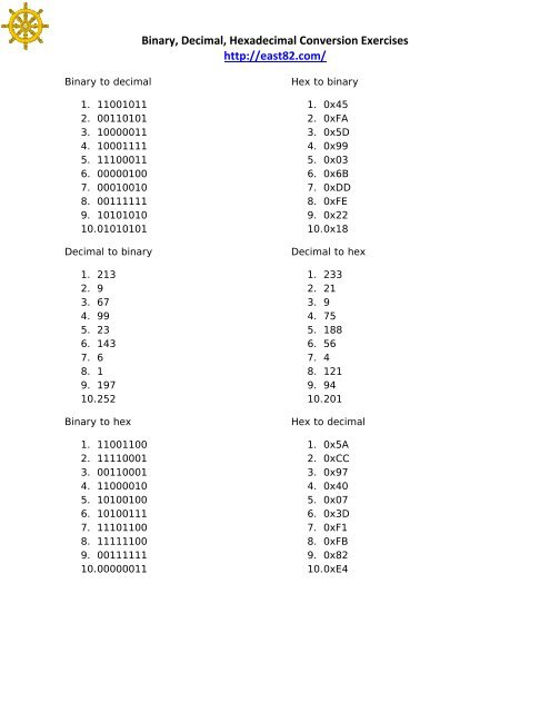 Binary, Decimal, Hexadecimal Conversion Exercises ... - East82.com