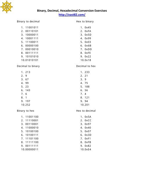 Binary, Decimal, Hexadecimal Conversion Exercises ... - East82.com