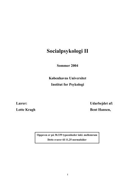 Socialpsykologi II ugeopgave - Bent Hansen