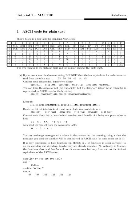 Tutorial 1 – MAT1101 Solutions 1 ASCII code for plain text