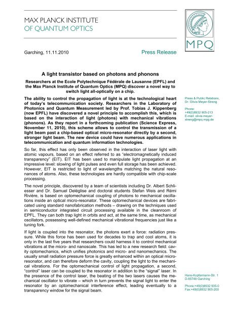 MPQ press release - Laboratory of Photonics and Quantum ...