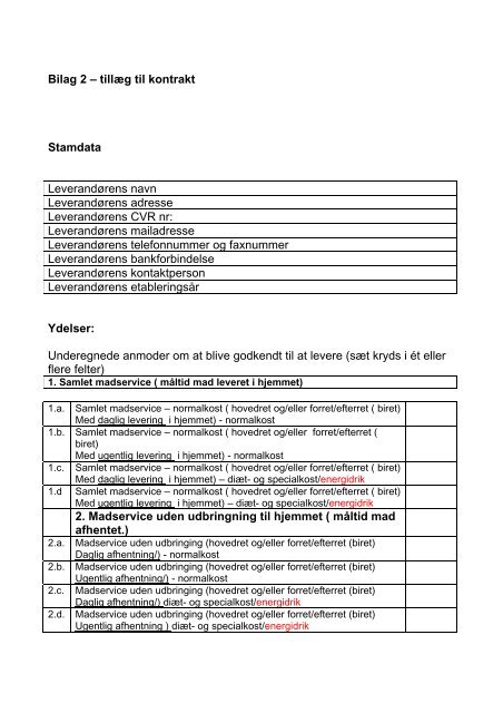 Bilag til Leverandørkontrakt Madservice - Viborg Kommune