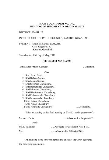 HIGH COURT FORM NO. (J) 2. HEADING OF JUDGMENT ... - Kamrup