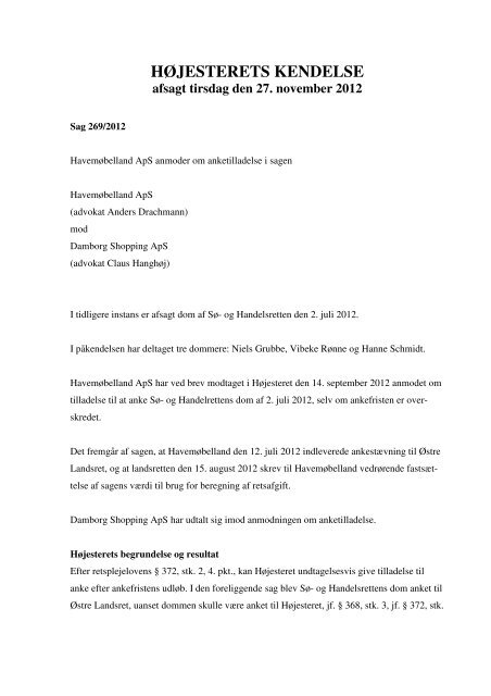HØJESTERETS KENDELSE afsagt tirsdag den 27. november 2012