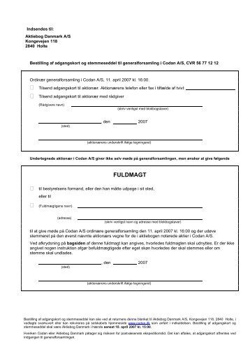 Adgangskort og fuldmagt - Codan Forsikring A/S