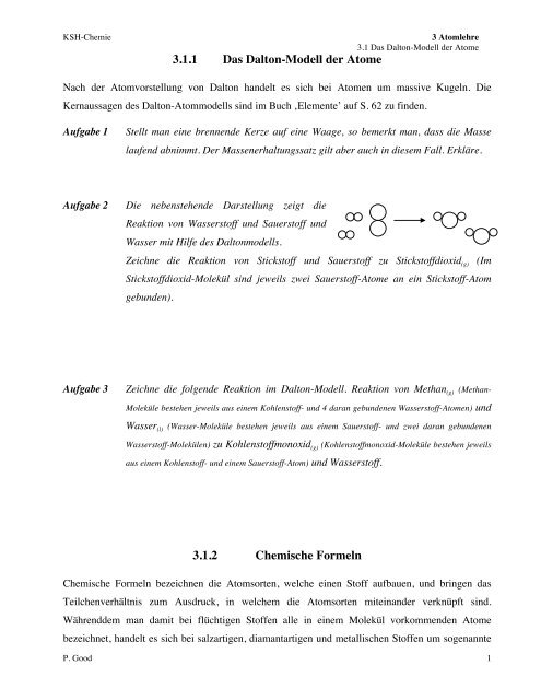 3.1.1 Das Dalton-Modell der Atome 3.1.2 Chemische Formeln