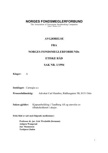 Klagesak 1, 1994 - Norges Fondsmeglerforbund