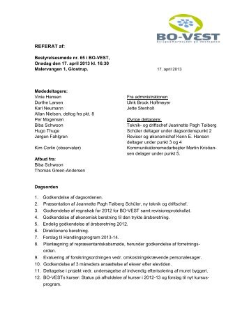 Referat af bestyrelsesmøde den 17. april 2013 - BO-VEST