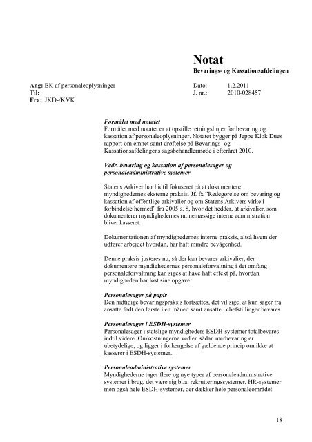 Rapport om bevaring og kassation i personalesager og andre ...