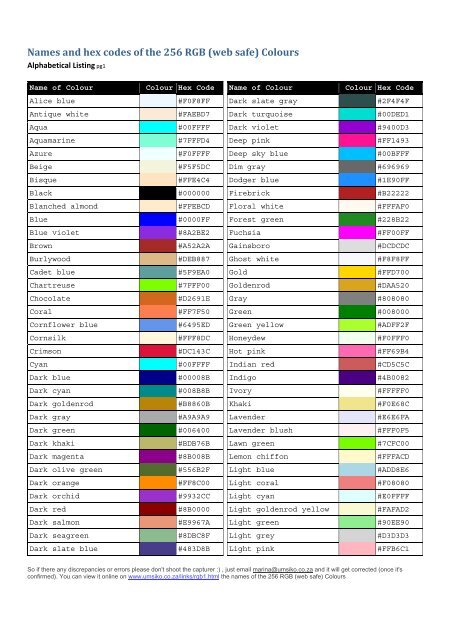 Names and hex codes of the 256 RGB (web safe) Colours