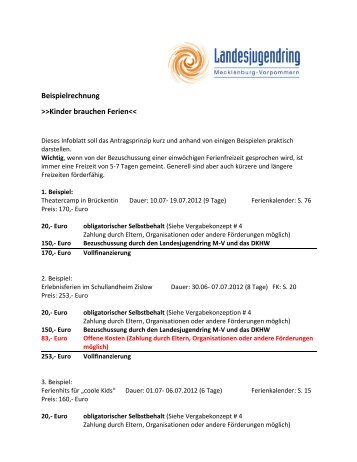 Beispielrechnung >>Kinder brauchen Ferien - Landesjugendring MV