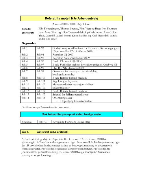 Referat fra møte i NJs Arbeidsutvalg - Norsk Journalistlag