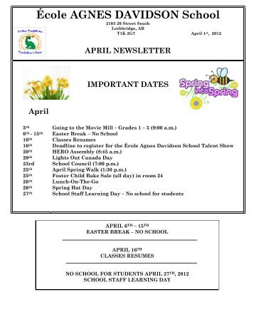 April Newsletter - École Agnes Davidson