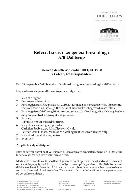 Referat fra ordinær generalforsamling i A/B Dahlerup