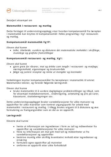 Detaljert eksempel om Matematikk i restaurant- og matfag ... - Udir.no
