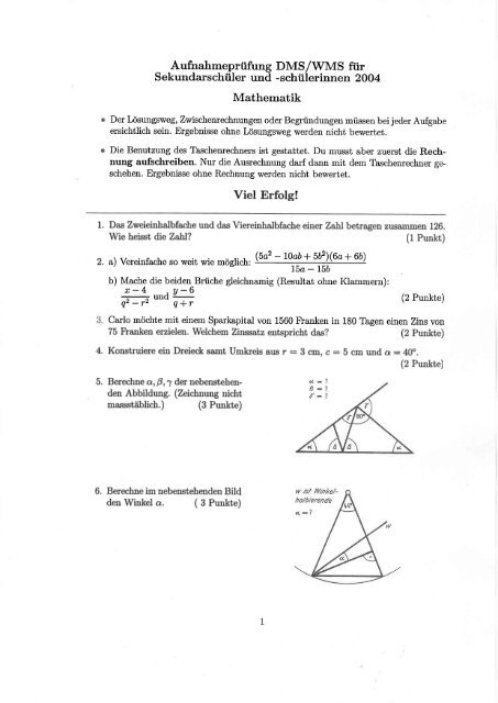 FMS Aufnahmeprüfung 2004 Mathematik