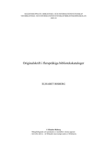 Originalskrift i flerspråkiga bibliotekskataloger - BADA - Högskolan i ...
