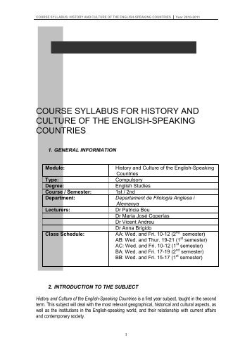 COURSE SYLLABUS FOR HISTORY AND CULTURE OF THE ...