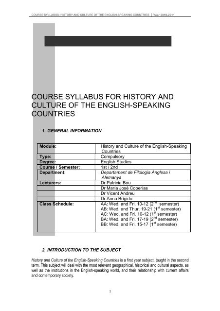 COURSE SYLLABUS FOR HISTORY AND CULTURE OF THE ...