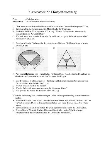 Klassenarbeit Nr.1 Körperberechnung