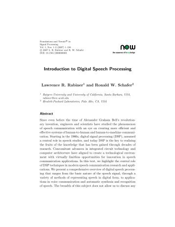 Introduction to Digital Speech Processing - Electrical and Computer ...