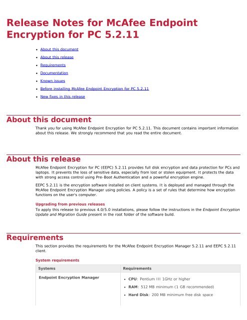 Endpoint Encryption for PC 5.2.11 Release Notes - McAfee