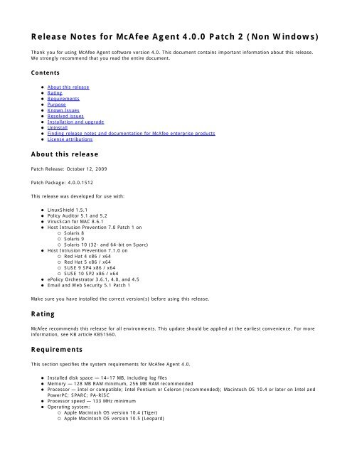 McAfee Agent 4.0 Patch 2 (Non-Windows) Release Notes