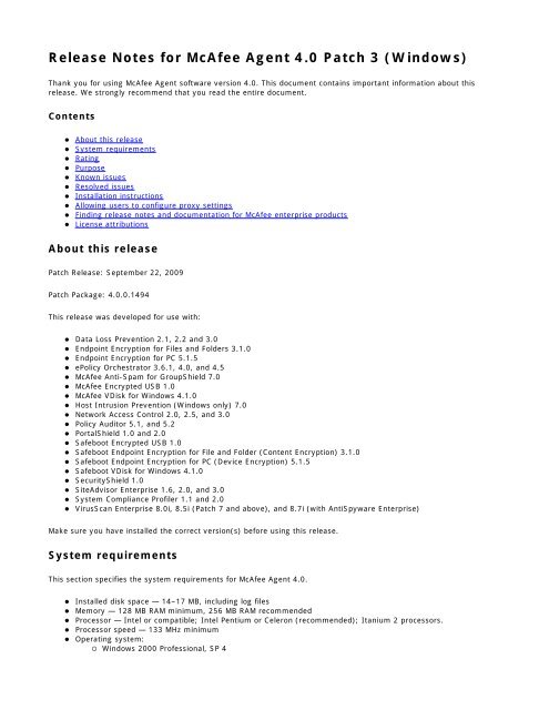 McAfee Agent 4.0 Patch 3 for Windows Release Notes