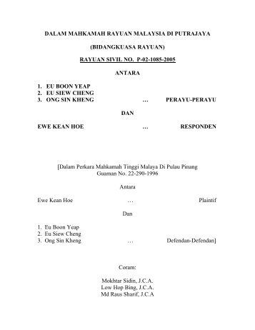 rayuan sivil no. p-02-1085-2005 antara 1. eu boon yeap 2.